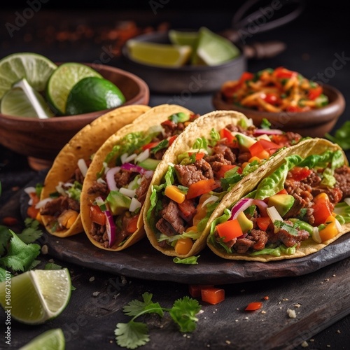 Tacos with meat and vegetable. Traditional mexican fast-food. Taco Mexico food with tortilla. Ai generative