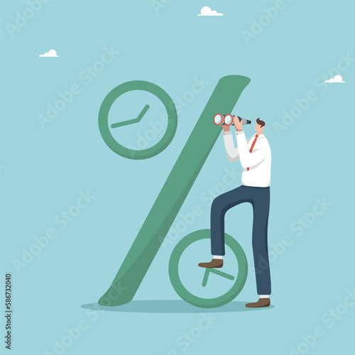 Take a loan to open a business, predict an interest rate on a loan or installment plan, invest your own funds on a deposit, investments or securities, man looks through binoculars near the percentage.
