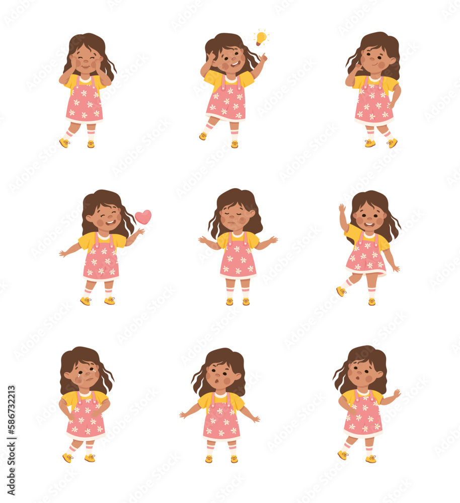 Cute little girl expressing different emotions set. Brunette girl dressed yellow t-shirt and pink sundress showing various face expression and gesturing cartoon vector illustration Cute little girl expressing different emotions set. Brunette girl dressed yellow t-shirt and pink sundress showing various face expression and gesturing cartoon vector illustration