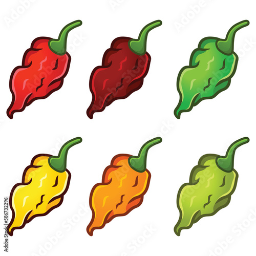 Set of ghost pepper carolina reaper spiciest chili, isolated on white background. Vector cartoon flat design illustration collection template. Fresh green,yellow,orange,red chili