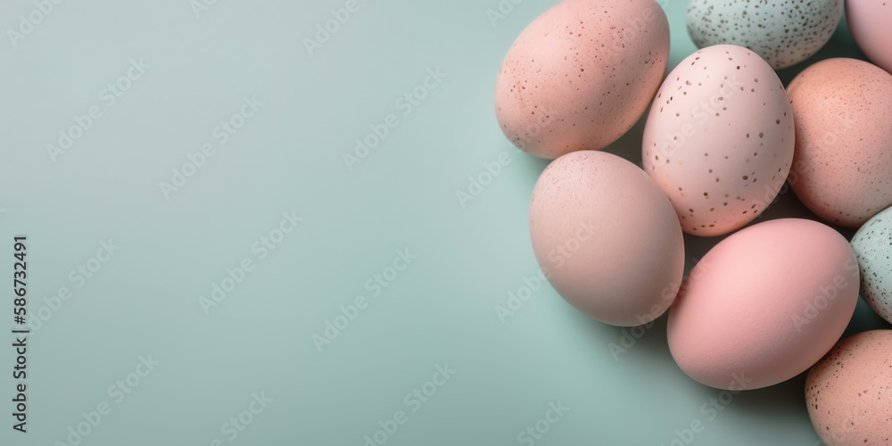 Pastel Easter eggs on blue background top view. Springtime holidays concept with copy space. Top view Pastel Easter eggs on blue background top view. Springtime holidays concept with copy space. Top view