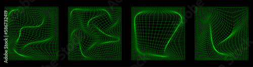 Set of Distorted Grid Square Neon Pattern. Vector Illustration