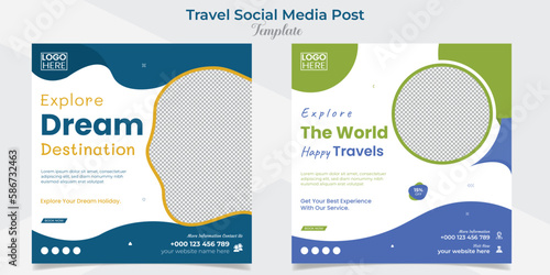 Adventure travel and tour square flyer post banner and social media post template design set