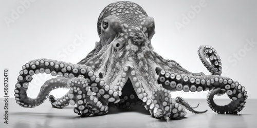 Black and white close up portrait of an octopus facing the camera, light background, Generative AI