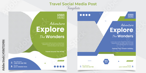 Travel and tourism social media post and square flyer post banner template design set