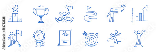 Success business career doodle icon. Success leader doodle line sketch award, certificate, trophy. Career, progress, winner concept icon. Outline editable pen stroke. Vector illustration.