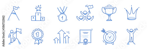 Winner award business doodle icon. Success leader doodle line sketch award, certificate, trophy. Victory, success, winner concept icon. Outline editable pen stroke. Vector illustration