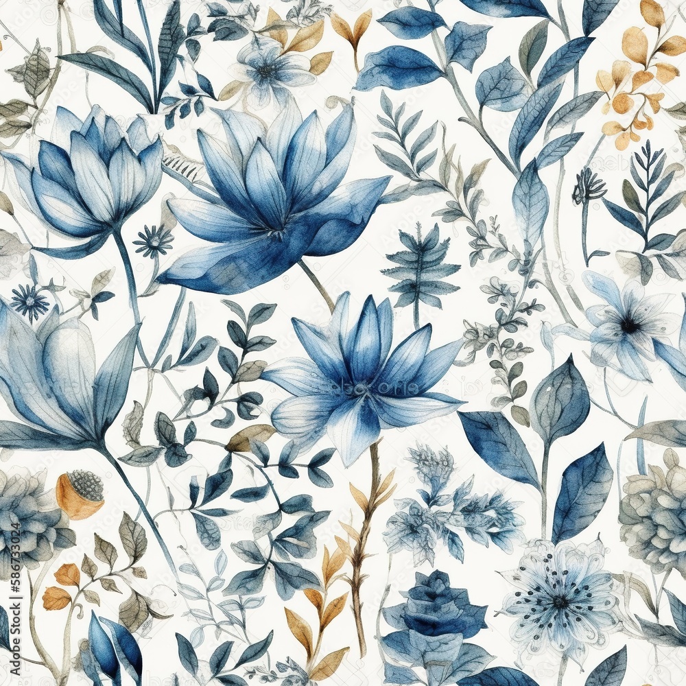 Obraz premium Seamless floral background with Scandinavian style watercolor leaves and wild flowers in blue and red, AI generative