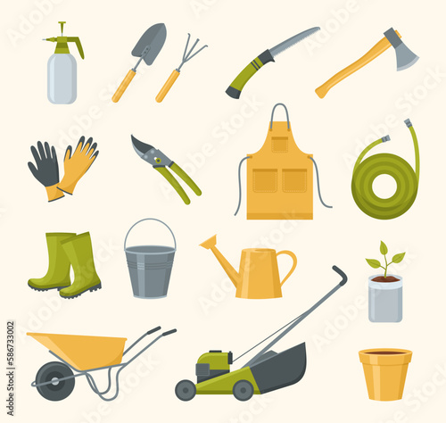 A set of garden tools. Gardening equipment and clothing. Vector illustration in flat style