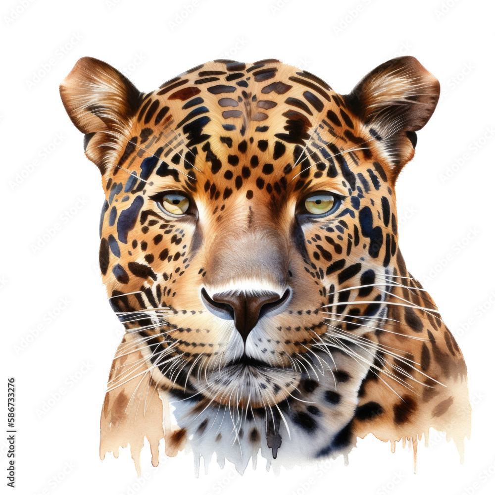Obraz premium an isolated jaguar jungle cat FACE, FRONT-view portrait, jungle-themed photorealistic illustration on a transparent background cutout in PNG