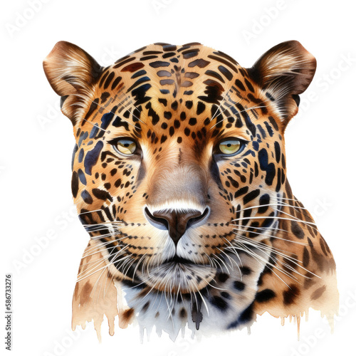 an isolated jaguar jungle cat FACE  FRONT-view portrait  jungle-themed photorealistic illustration on a transparent background cutout in PNG