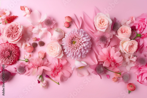 Flowers background pink tones with copy space, card for spring, wedding, greetings and wishes. Generative AI illustration