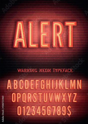 Alert night light box extra glow effect narrow font with numbers on dark brick wall background. Vector red warning neon alphabet