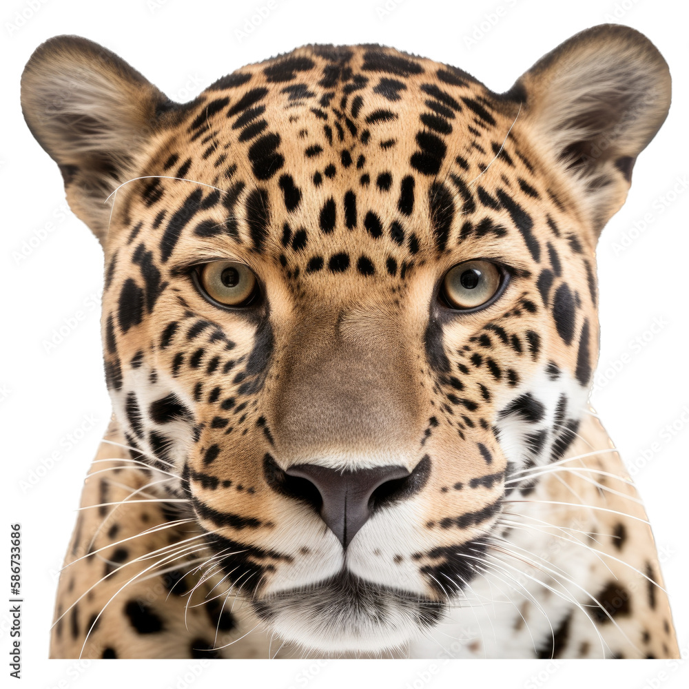 an isolated jaguar jungle cat FACE, FRONT-view portrait, jungle-themed photorealistic illustration on a transparent background cutout in PNG an isolated jaguar jungle cat FACE, FRONT-view portrait, jungle-themed photorealistic illustration on a transparent background cutout in PNG