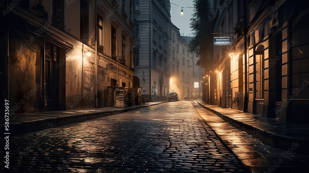 A city street or alleyway with the first light of dawn illuminating the buildings, AI generative
