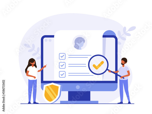 Contract illustration . Character gets acquainted with the legal document, electronic contract or agreement online. Person reads and signs the terms of the contract. Flat vector illustration.