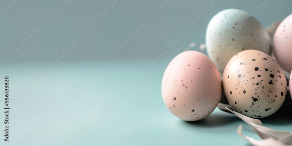 Pastel Easter eggs on blue background top view. Springtime holidays concept with copy space. Top view Pastel Easter eggs on blue background top view. Springtime holidays concept with copy space. Top view