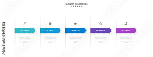 Timeline infographic with infochart. Modern presentation template with 5 spets for business process. Website template on white background for concept modern design. Horizontal layout.