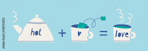 A kettle for heating water plus a mug with a tea bag inside equals a mug of hot tea. Cute illustration for tea lovers.