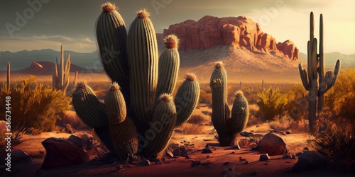 Mexico cactus in a desert landscape background . Ai generative photo
