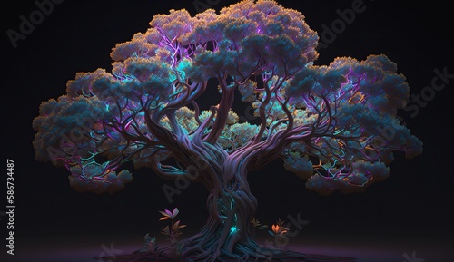 Bonsai with multi-colored neon illumination of branches and leaves with a unique shape that goes beyond the monitor. ai generation