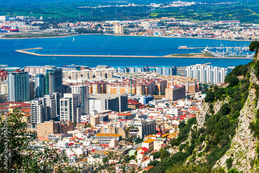 View of Gibraltar town and Spanish coast across Bay of Gibraltar from The Upper Rock. UK