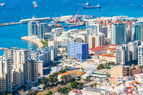 View of Gibraltar town and Bay of Gibraltar from The Upper Rock. UK