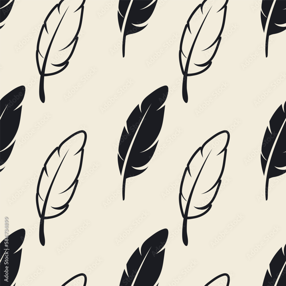 Vector Seamless Pattern with Different Black Fluffy Feather Silhouettes on White Background. Design Template of Flamingo, Angel, Bird Feathers for Wall Paper, Textile. Lightness, Freedom Concept Vector Seamless Pattern with Different Black Fluffy Feather Silhouettes on White Background. Design Template of Flamingo, Angel, Bird Feathers for Wall Paper, Textile. Lightness, Freedom Concept