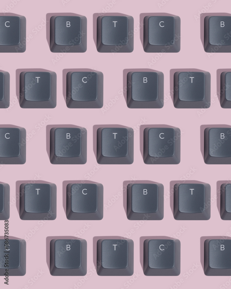 Gray keyboard keycaps on pink background. Pattern with word - BTC. Gray keyboard keycaps on pink background. Pattern with word - BTC.