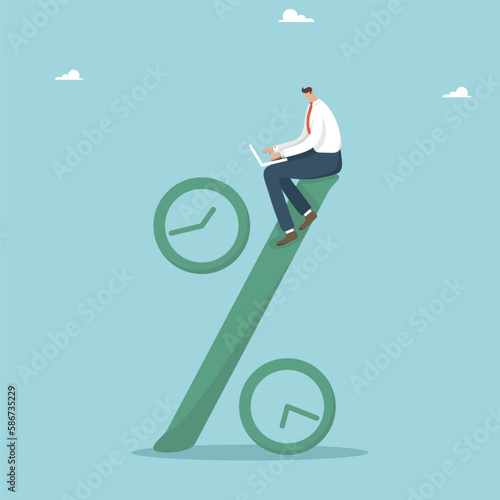 Interest-free installment plan for the purchase of equipment or real estate, pay the interest rate on a loan, investing savings on a deposit or investment, man with a laptop is sitting on a percentage