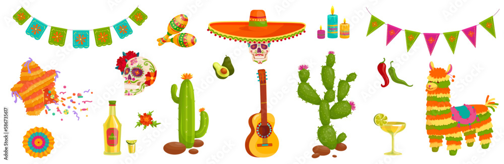 Set of festive Mexican paraphernalia for the Cinco de Mayo festival, day of the dead.Vector graphics. Set of festive Mexican paraphernalia for the Cinco de Mayo festival, day of the dead.Vector graphics.
