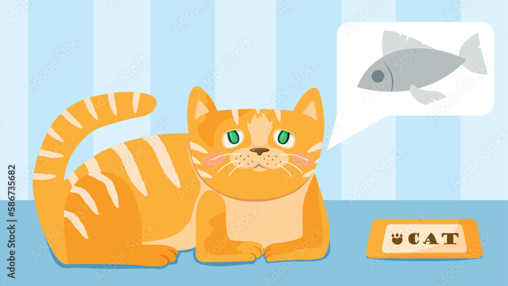 Fototapeta premium Cat lies by the bowl and ask him to feed 
