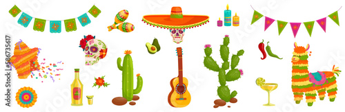 Set of festive Mexican paraphernalia for the Cinco de Mayo festival, day of the dead.Vector graphics.