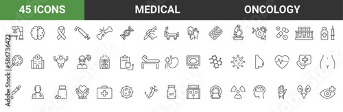 Set of 45 oncology icons. Vector Illustration. medicine and health flat design signs and symbols with elements for mobile concepts and web apps.