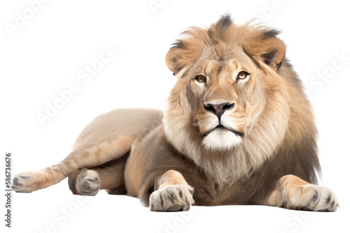 an isolated lion laying down reclining, majestic, horizontal, fierce jungle-themed photorealistic illustration on a transparent background in PNG. Panthera leo. King of the Jungle. Generative AI