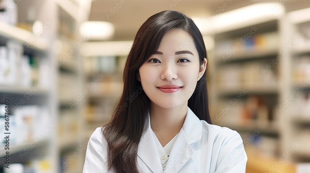A fictional person. Knowledgeable pharmacist in a modern pharmacy store A fictional person. Knowledgeable pharmacist in a modern pharmacy store