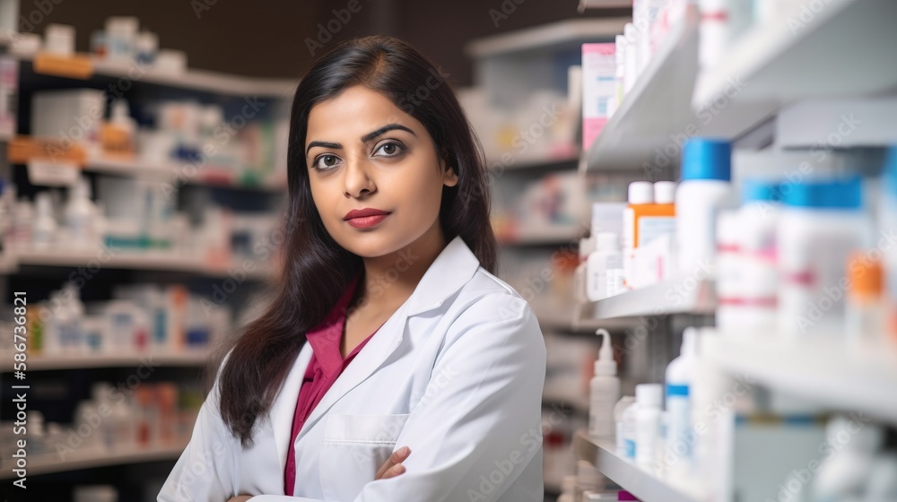 A fictional person. Knowledgeable pharmacist in a modern pharmacy store A fictional person. Knowledgeable pharmacist in a modern pharmacy store
