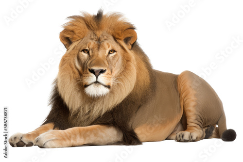 an isolated lion laying down reclining  majestic  horizontal  fierce jungle-themed photorealistic illustration on a transparent background in PNG. Panthera leo. King of the Jungle. Generative AI