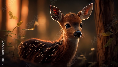 Baby dear standing on ground with green grass and looking at camera , mammal animal on nature background photo