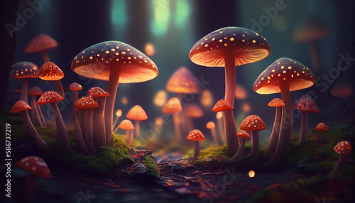 Mushroom. Fantasy Glowing Mushrooms in mystery dark forest close-up. Beautiful macro shot of magic mushroom