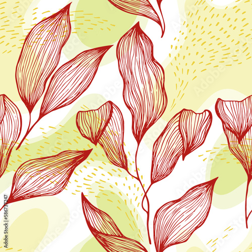 Sketch style doodle line texture leaves over stains and dots seamless vector ...