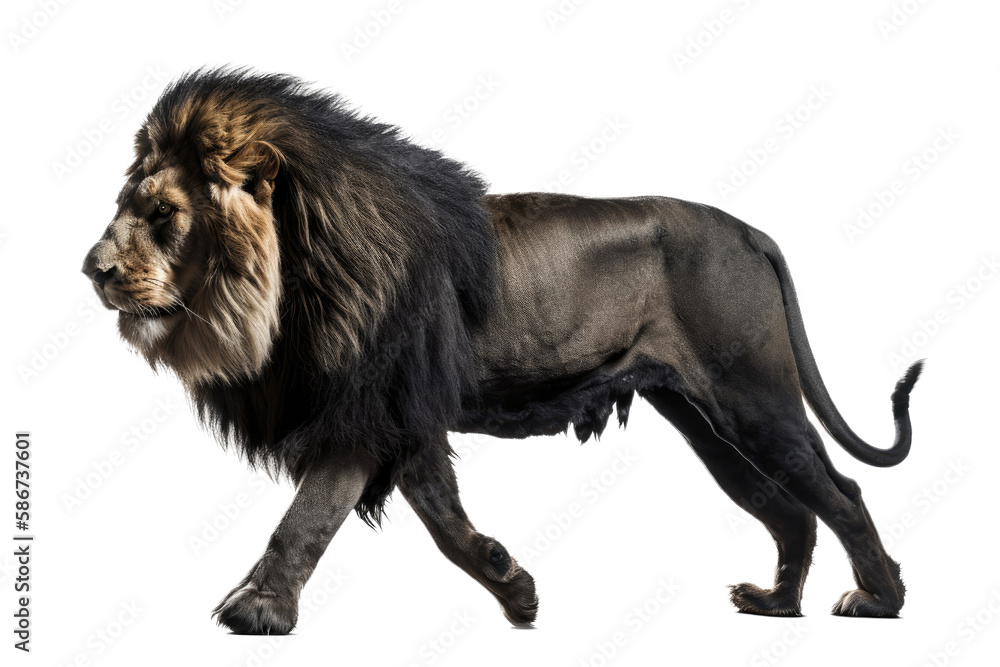 Obraz premium a male lion. Panthera leo, walking, trotting and running, in wildlife-themed, photorealistic illustrations on a transparent background cutout in PNG. Generative AI