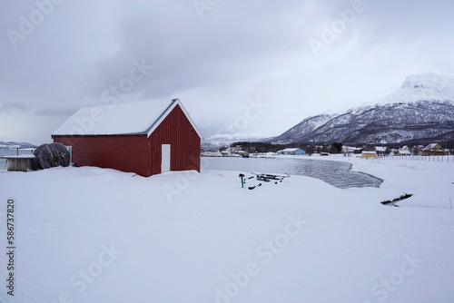 snowy landscape view in tromso fjords, norway