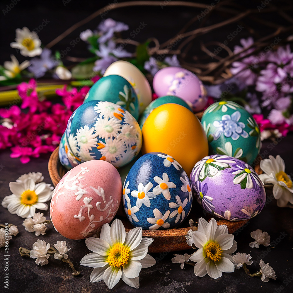 Fototapeta premium Colourful decorative Easter Eggs with flowers, Generative AI