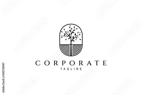 tree growing logo inside oval frame with minimalistic line art design style