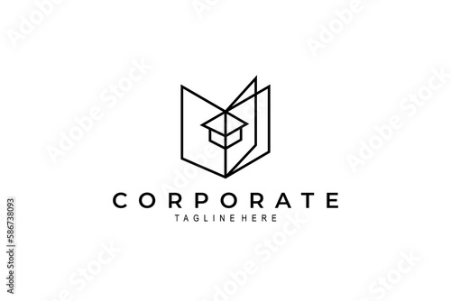 Education logo with book and bachelor hat in simple line design style. School, university, science, course and study icon design.