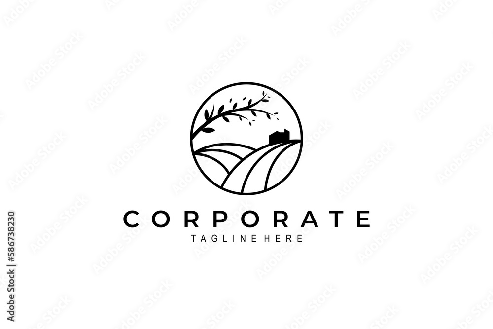 barn logo in the field with tree branches decoration in circle frame barn logo in the field with tree branches decoration in circle frame