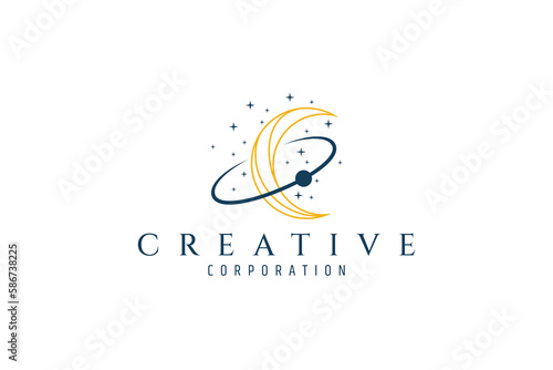 crescent moon logo with orbital ring on a starry sky background