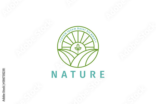Vector logo of plants, plantations, gardens, paddy fields, nature and fields in circle emblem frame with line style