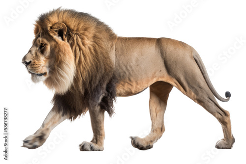 an isolated lion walking side view  majestic  stalking prey  fierce jungle-themed photorealistic illustration on a transparent background in PNG. Panthera leo. King of the Jungle. Generative AI